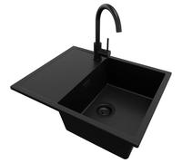 PRIMAGRAN Evier Cuisine en Granit Tout Noir 62x50cm, Lavabo 1 bac + Robinet 32x20cm + Kit de Vidage, Évier à Encastrer al mueble 45cm - Ibiza