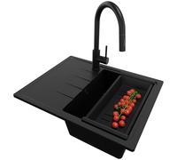 PRIMAGRAN Evier Cuisine en Granit Tout Noir 62x50cm, Lavabo 1 bac + Robinet 40x20cm + Kit de Vidage, Évier à Encastrer au Meuble 40cm - Milan S061