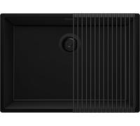 PRIMAGRAN Evier Cuisine en Granit Tout Noir 66x47cm, Lavabo 1 bac + Kit de Vidage + Égouttoir Enroulable, Évier à Encastrer al mueble 70cm - London Slim S439