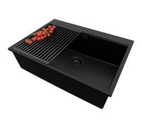 PRIMAGRAN Evier Cuisine en Granit Tout Noir 68x50cm, Lavabo 1 bac + Kit de Vidage + Égouttoir Enroulable, Évier à Encastrer al mueble 70cm - Oslo S210