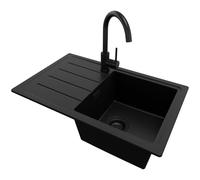 PRIMAGRAN Evier Cuisine en Granit Tout Noir 70x44cm, Lavabo 1 bac + Robinet 32x20cm + Kit de Vidage, Évier à Encastrer al mueble 45cm - Copenhague Easy S028