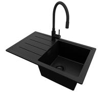 PRIMAGRAN Evier Cuisine en Granit Tout Noir 70x44cm, Lavabo 1 bac + Robinet 40x38cm + Kit de Vidage, Évier à Encastrer al mueble 45cm - Copenhague Easy