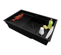 PRIMAGRAN Evier Cuisine en Granit Tout Noir 76x47cm, Lavabo 1 bac + Kit de Vidage + Égouttoir Enroulable, Évier à Encastrer au Meuble 80cm - Prague S617