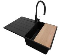 PRIMAGRAN Evier Cuisine en Granit Tout Noir 78x50cm, Lavabo 1 bac + Kit de Vidage + Planche à Découper, Évier à Encastrer al mueble 45cm - Copenhague S157