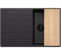 PRIMAGRAN Evier Cuisine en Granit Tout Noir 78x50cm, Lavabo 1 bac + Kit de Vidage + Planche à Découper, Évier à Encastrer au Meuble 45cm - Copenhague Top S345