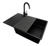 PRIMAGRAN Evier Cuisine en Granit Tout Noir 78x50cm, Lavabo 1 bac + Robinet 32x20cm + Set d’accessoires, Évier à Encastrer au Meuble 60cm - Copenhague Top S656