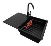 PRIMAGRAN Evier Cuisine en Granit Tout Noir 78x50cm, Lavabo 1 bac + Robinet 32x20cm + Set d’accessoires, Évier à Encastrer al mueble 50cm - San Francisco S031
