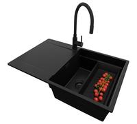 PRIMAGRAN Evier Cuisine en Granit Tout Noir 78x50cm, Lavabo 1 bac + Robinet 40x38cm + Kit de Vidage, Évier à Encastrer al mueble 50cm - San Francisco