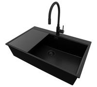 PRIMAGRAN Evier Cuisine en Granit Tout Noir 78x50cm, Lavabo 1 bac + Robinet 40x38cm + Set d’accessoires, Évier à Encastrer al mueble 80cm - Oslo S632
