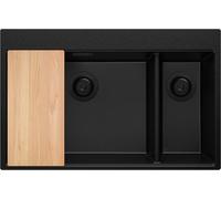 PRIMAGRAN Evier Cuisine en Granit Tout Noir 78x50cm, Lavabo 2 bacs + Kit de Vidage + Planche à Découper, Évier à Encastrer au meuble 80cm - Oslo Duo