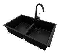 PRIMAGRAN Evier Cuisine en Granit Tout Noir 78x50cm, Lavabo 2 bacs + Robinet 32x20cm + Kit de Vidage, Évier à Encastrer al mueble 80cm - Madrid Twin