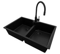 PRIMAGRAN Evier Cuisine en Granit Tout Noir 78x50cm, Lavabo 2 bacs + Robinet 40x38cm + Kit de Vidage, Évier à Encastrer al mueble 80cm - Madrid Twin