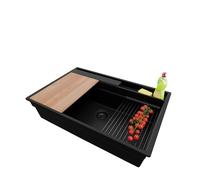 PRIMAGRAN Evier Cuisine en Granit Tout Noir 78x53cm, Lavabo 1 bac + Accessoires, Évier à Encastrer al mueble 80cm - Oslo Pocket
