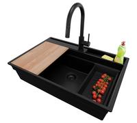 PRIMAGRAN Evier Cuisine en Granit Tout Noir 78x53cm, Lavabo 1 bac + Robinet 40x20cm + Planche à Découper, Évier à Encastrer al mueble 80cm - Oslo Pocket