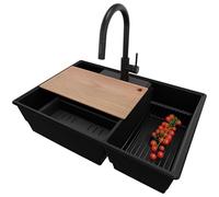 PRIMAGRAN Evier Cuisine en Granit Tout Noir 78x53cm, Lavabo 2 bacs + Robinet 40x20cm + Kit de Vidage, Évier à Encastrer au Meuble 80cm - Paris Chef S055