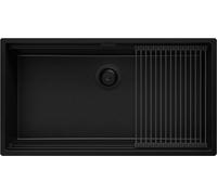 PRIMAGRAN Evier Cuisine en Granit Tout Noir 86x47cm, Lavabo 1 bac + Kit de Vidage + Égouttoir Enroulable, Évier à Encastrer au Meuble 90cm - Prague S687