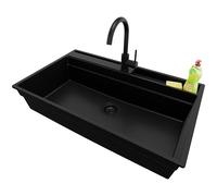 PRIMAGRAN Evier Cuisine en Granit Tout Noir 88x53cm, Lavabo 1 bac + Robinet 32x20cm + Kit de Vidage, Évier à Encastrer al mueble 90cm - Oslo Pocket S432