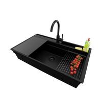 PRIMAGRAN Evier Cuisine en Granit Tout Noir 88x53cm, Lavabo 1 bac + Robinet 32x20cm + Set d’accessoires, Évier à Encastrer al mueble 90cm - Oslo Pocket S478