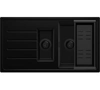PRIMAGRAN Evier Cuisine en Granit Tout Noir 90x50cm, Lavabo 1,5 bacs + Kit de Vidage, Évier à Encastrer au meuble 60cm - Copenhague Duo