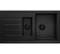 PRIMAGRAN Evier Cuisine en Granit Tout Noir 90x50cm, Lavabo 1,5 bacs + Kit de Vidage, Évier à Encastrer au meuble 60cm - Copenhague Duo