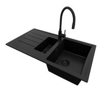 PRIMAGRAN Evier Cuisine en Granit Tout Noir 90x50cm, Lavabo 1,5 bacs + Kit de Vidage + Robinet 40x13cm, Évier à Encastrer au meuble 60cm - Copenhague Duo