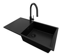 PRIMAGRAN Evier Cuisine en Granit Tout Noir 90x50cm, Lavabo 1 bac + Kit de Vidage + Robinet 40x22cm, Évier à Encastrer au meuble 60cm - Ibiza