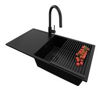 PRIMAGRAN Evier Cuisine en Granit Tout Noir 90x50cm, Lavabo 1 bac + Robinet 40x20cm + Set d’accessoires, Évier à Encastrer al mueble 60cm - Ibiza
