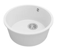 PRIMAGRAN Evier cuisine Granit Rond Blanc 46x46cm, Evier 1 bac + Kit de Vidage, Lavabo Cuisine al mueble 50cm - La Valette Slim S002