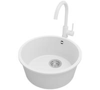 PRIMAGRAN Evier cuisine Granit Rond Blanc 46x46cm, Evier 1 bac + Robinet 32x20cm + Kit de Vidage, Lavabo Cuisine al mueble 50cm - La Valette Slim S011
