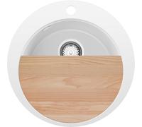 PRIMAGRAN Evier cuisine Granit Rond Blanc 50x50cm, Evier 1 bac + Kit de Vidage + Planche à Découper, Lavabo Cuisine al mueble 45cm - Pise S028