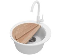 PRIMAGRAN Evier cuisine Granit Rond Blanc 50x50cm, Evier 1 bac + Robinet 32x20cm + Kit de Vidage + Planche à Découper, Lavabo Cuisine al mueble 45cm - Pise S037