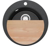 PRIMAGRAN Evier cuisine Granit Rond Graphite 50x50cm, Evier 1 bac + Kit de Vidage + Planche à Découper, Lavabo Cuisine au meuble 45cm - Pise