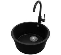 PRIMAGRAN Evier cuisine Granit Rond Noir 46x46cm, Evier 1 bac + Kit de Vidage + Robinet 32x20cm, Lavabo Cuisine au meuble 50cm - La Valette Slim