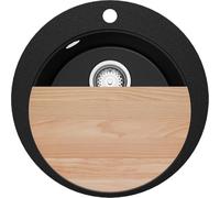 PRIMAGRAN Evier cuisine Granit Rond Noir 50x50cm, Evier 1 bac + Kit de Vidage + Planche à Découper, Lavabo Cuisine al mueble 45cm - Pise S027