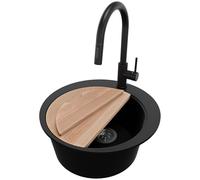 PRIMAGRAN Evier cuisine Granit Rond Noir 50x50cm, Evier 1 bac + Robinet 40x20cm + Kit de Vidage + Planche à Découper, Lavabo Cuisine al mueble 45cm - Pise S041