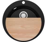 PRIMAGRAN Evier cuisine Granit Rond Noir 53x53cm, Evier 1 bac + Kit de Vidage + Planche à Découper, Lavabo Cuisine al mueble 50cm - Pise Max S035