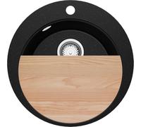 PRIMAGRAN Evier cuisine Granit Rond Noir Métallisé 50x50cm, Evier 1 bac + Kit de Vidage + Planche à Découper, Lavabo Cuisine al mueble 45cm - Pise S030