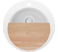 PRIMAGRAN Evier cuisine Granit Rond Tout Blanc 50x50cm, Evier 1 bac + Kit de Vidage + Planche à Découper, Lavabo Cuisine au meuble 45cm - Pise