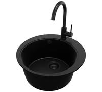 PRIMAGRAN Evier cuisine Granit Rond Tout Noir 50x50cm, Evier 1 bac + Robinet 32x20cm + Kit de Vidage, Lavabo Cuisine al mueble 45cm - Pise S010