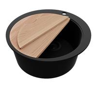 PRIMAGRAN Evier cuisine Granit Rond Tout Noir 53x53cm, Evier 1 bac + Kit de Vidage + Planche à Découper, Lavabo Cuisine au meuble 50cm - Pise Max