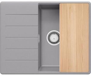 PRIMAGRAN Evier d'angle en Granit au Meuble 45cm + Kit de Vidage, 62x50cm | Set: Kit de Vidage (Siphon, bonde d’évacuation, trop-plein) + Planche à Découper + Lavabo Cuisine 1 Bac - Copenhague, Gris