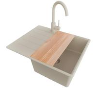 PRIMAGRAN Evier d'angle en Granit au Meuble 45cm + Robinet, 62x50cm | Set: Robinet BW5010 + Kit de Vidage + Planche à Découper + Lavabo Cuisine 1 Bac - Copenhague, Tout Beige