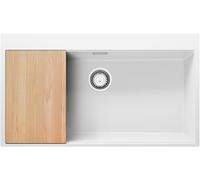 PRIMAGRAN Evier d'angle en Granit Blanc 88x50cm, Lavabo Cuisine 1 bac + Kit de Vidage + Planche à Découper, Évier à Encastrer au Meuble 90cm - Oslo S706