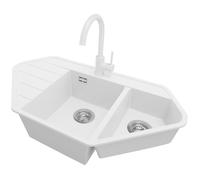 PRIMAGRAN, Evier d'angle en Granit Blanc 90x50cm, 1,5 bacs, Accessoire, Évier à Encastrer au meuble 70cm, Lavabo Cuisine 1 Q5986-S