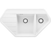 PRIMAGRAN Evier d'angle en Granit Blanc 90x50cm, Lavabo Cuisine 1,5 bacs + Kit de Vidage, Évier à Encastrer au meuble 80cm - Copenhague Corner