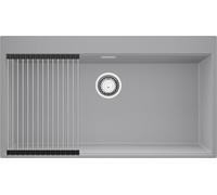 PRIMAGRAN Evier d'angle en Granit Gris 88x50cm, Lavabo Cuisine 1 bac + Kit de Vidage + Égouttoir Enroulable, Évier à Encastrer au Meuble 90cm - Oslo S671