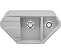 PRIMAGRAN Evier d'angle en Granit Gris 90x50cm, Lavabo Cuisine 1,5 bacs + Kit de Vidage, Évier à Encastrer au meuble 80cm - Copenhague Corner