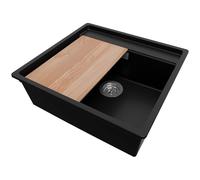 PRIMAGRAN Evier d'angle en Granit Noir 56x53cm, Lavabo Cuisine 1 bac + Planche à Découper, Évier à Encastrer al mueble 60cm - Bergen