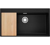 PRIMAGRAN Evier d'angle en Granit Noir 88x50cm, Lavabo Cuisine 1 bac + Kit de Vidage + Planche à Découper, Évier à Encastrer au Meuble 90cm - Oslo S705