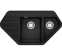 PRIMAGRAN Evier d'angle en Granit Noir 90x50cm, Lavabo Cuisine 1,5 bacs + Kit de Vidage, Évier à Encastrer au meuble 80cm - Copenhague Corner